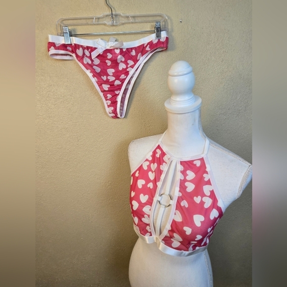 Temu Other - White Hearts On Pink Halter Bra Set 1XL (5520)